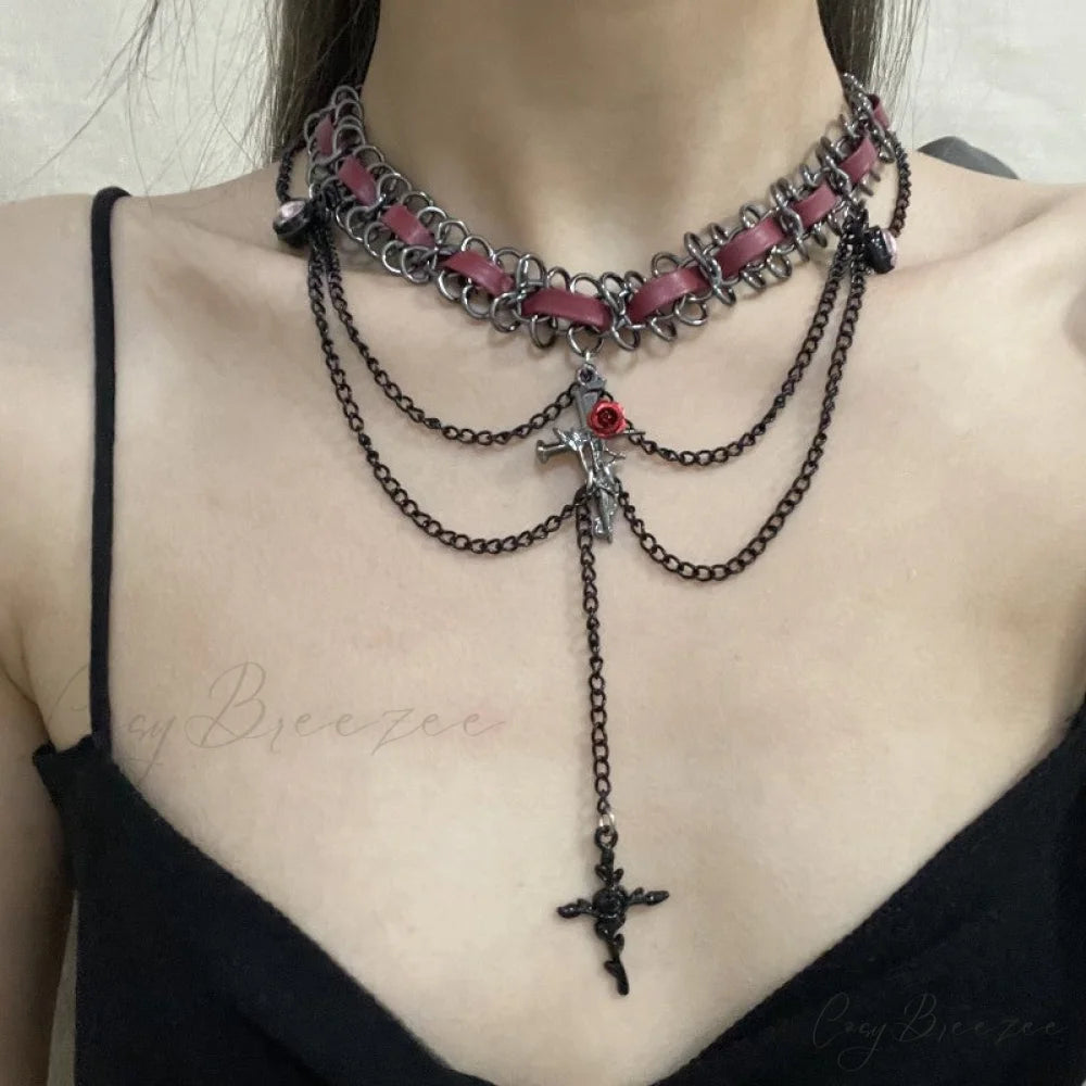 Dark Punk Heart Flower Cross Layered Necklace BLACK
