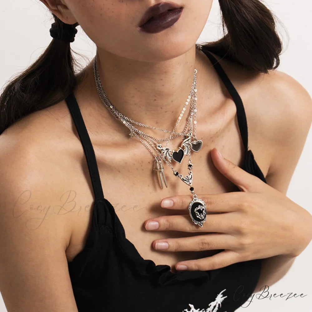 Dark Punk Heart Wing Pendant Creative Sword Halloween Necklace WHITE