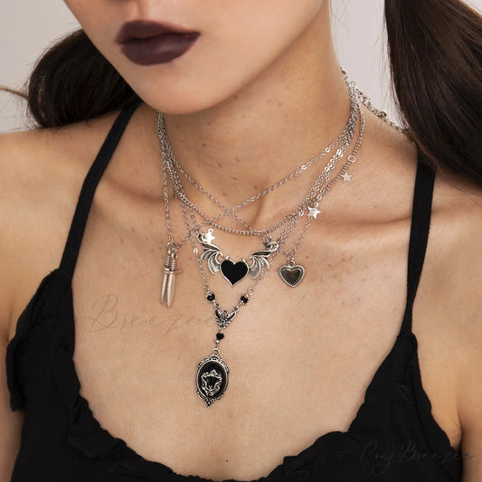 Dark Punk Heart Wing Pendant Creative Sword Halloween Necklace WHITE