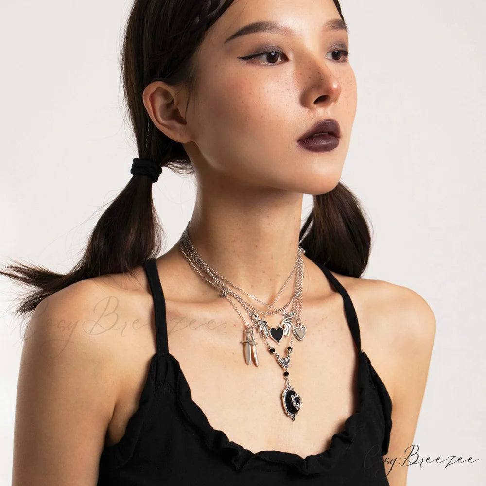 Dark Punk Heart Wing Pendant Creative Sword Halloween Necklace WHITE
