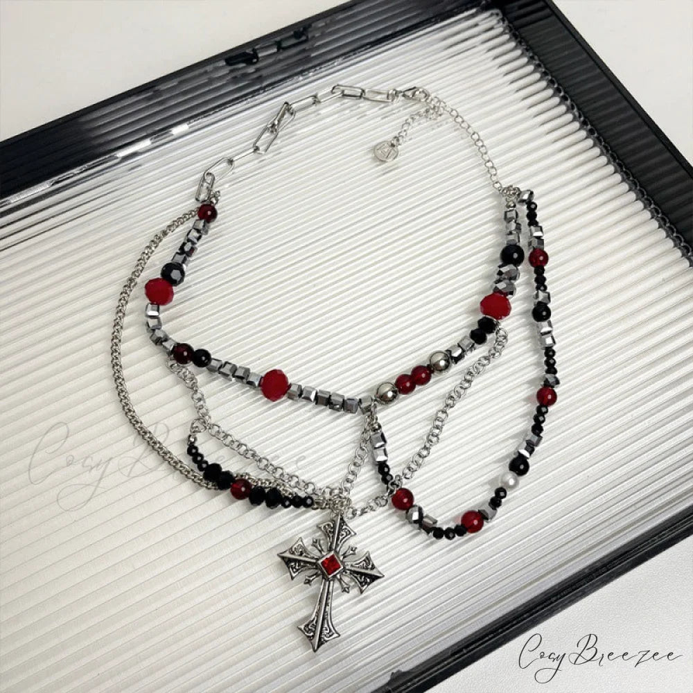 Dark Punk Layered Cross Sweet Cool Beaded Personality Necklace SILVER