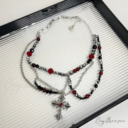 Dark Punk Layered Cross Sweet Cool Beaded Personality Necklace SILVER