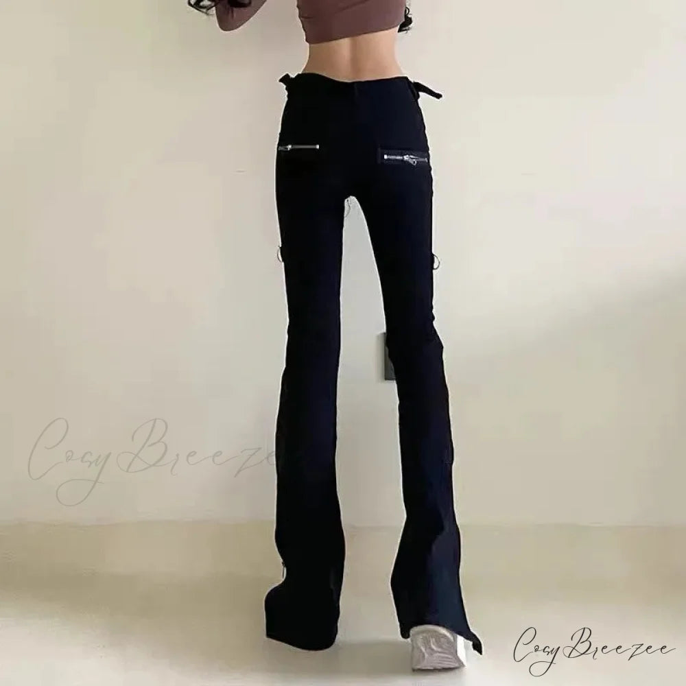 Dark Streetwear Ankle Zipper Slim Y2K Flare Halloween Pants