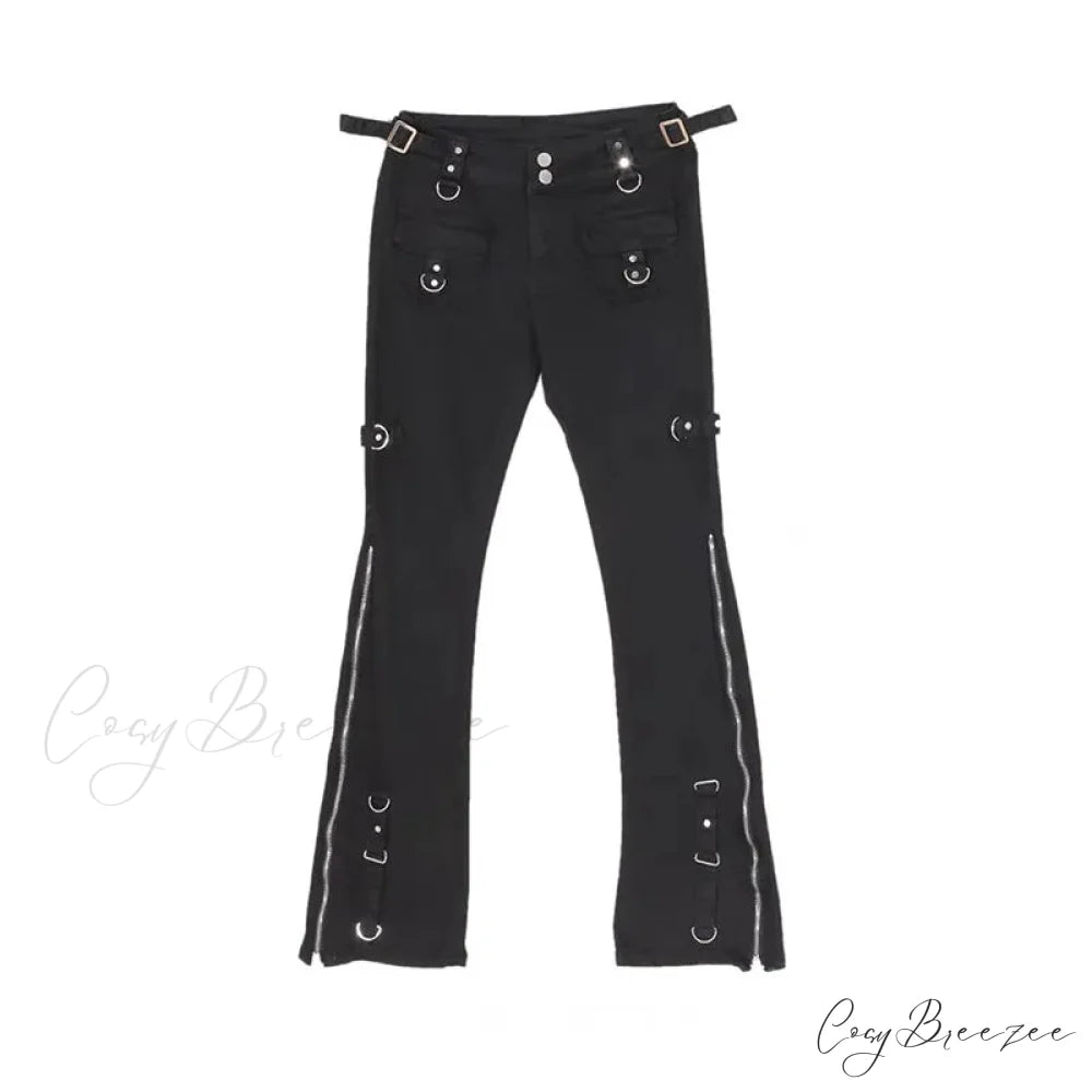Dark Streetwear Ankle Zipper Slim Y2K Flare Halloween Pants Black / S