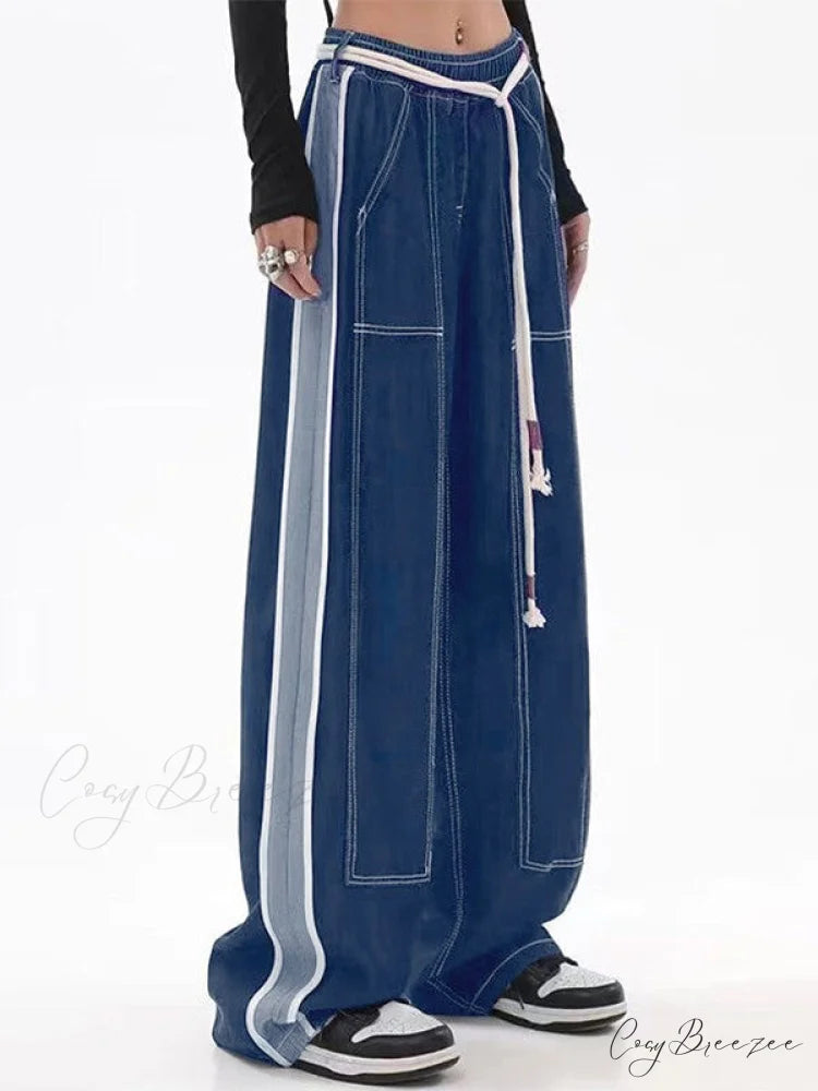 Dark Wash Belted Trendy Baggy Boyfriend Jeans Blue / S