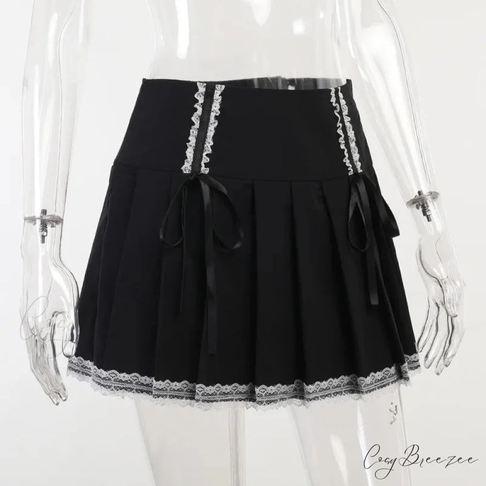 Dark Wind Bust Lolita Lace Contrast Gothic Harajuku Pleated Goth Black Korean Fashion Skirt BLACK / S