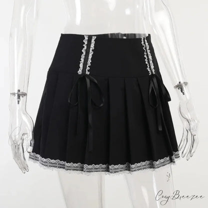 Dark Wind Bust Lolita Lace Contrast Gothic Harajuku Pleated Goth Black Korean Fashion Skirt BLACK / S