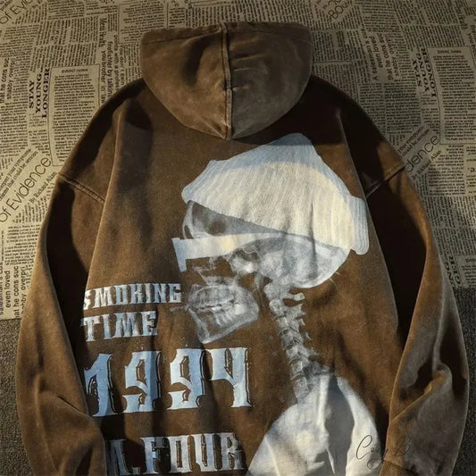 Dark Wind Skull Print Relaxed Hoodie Brown / M hoodies-241228