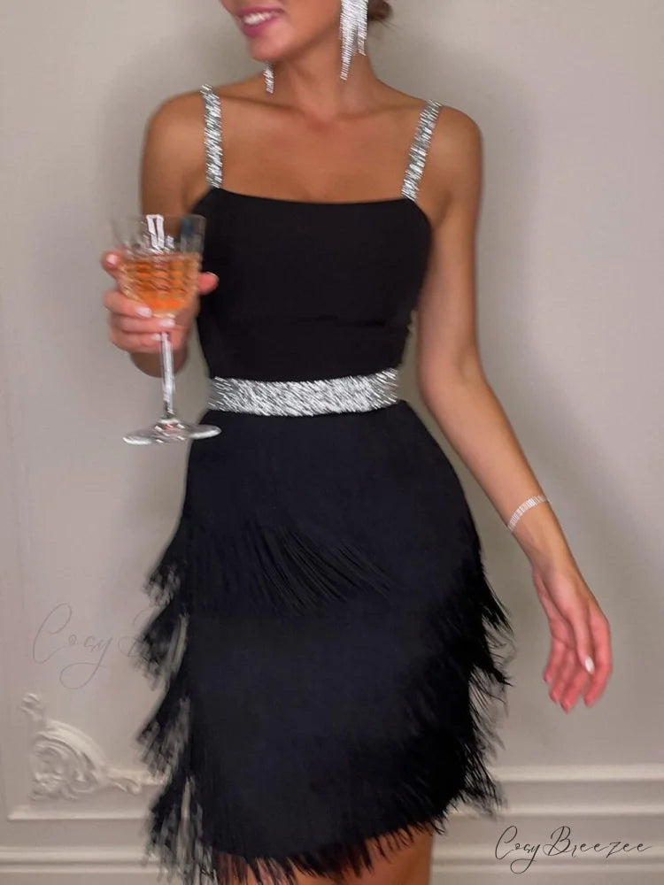 Date And Dinner Socialite Graceful Style Suspender Fringe Mini Dress