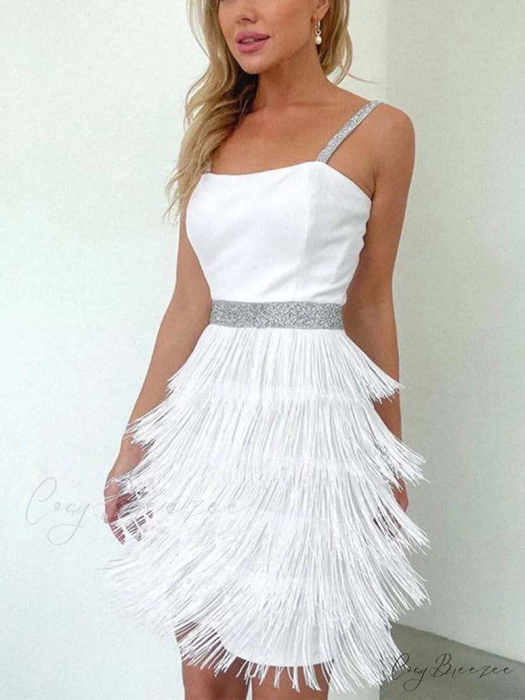 Date And Dinner Socialite Graceful Style Suspender Fringe Mini Dress White / S
