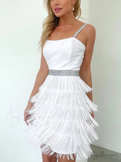Date And Dinner Socialite Graceful Style Suspender Fringe Mini Dress White / S
