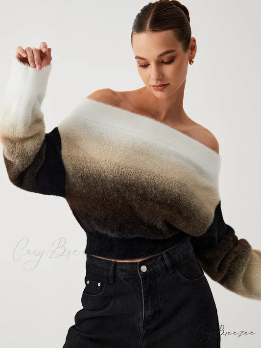 Dawn Ombre Fuzzy Trendy Off Shoulder Crop Sweater Black / XS