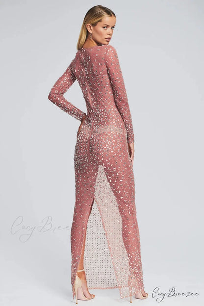 Dazzled Up Crystal Trendy Embellished Sheer Maxi Dress