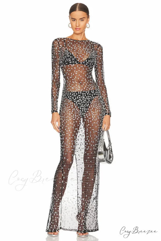 Dazzled Up Crystal Trendy Embellished Sheer Maxi Dress Black / XS