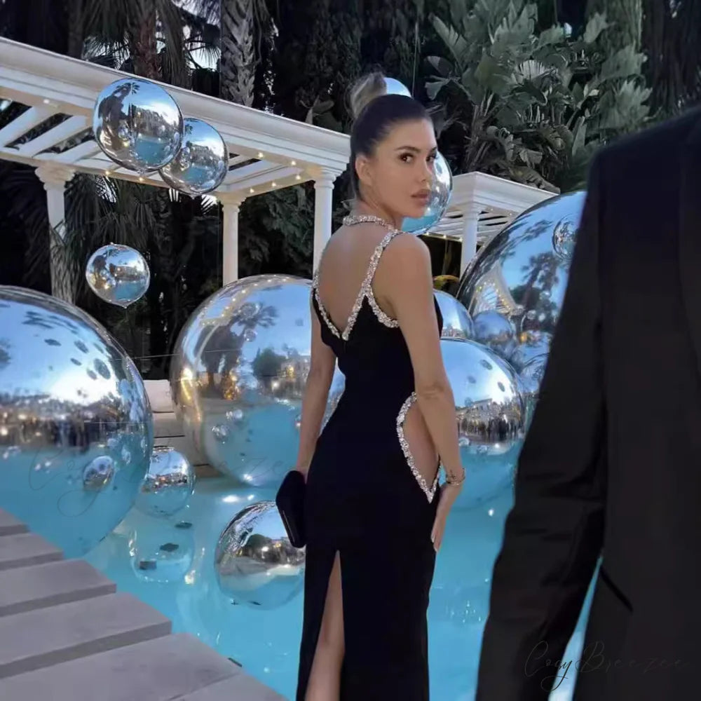 Dazzling Black Strapless Crystal Halter Gown Formal Dress promdress-250223