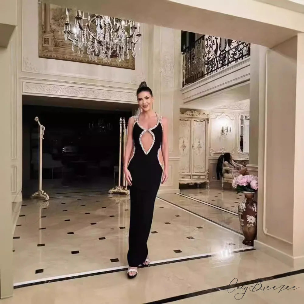 Dazzling Black Strapless Crystal Halter Gown Formal Dress promdress-250223