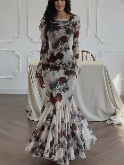 Floral Print Long Sleeve Romantic Party Dress