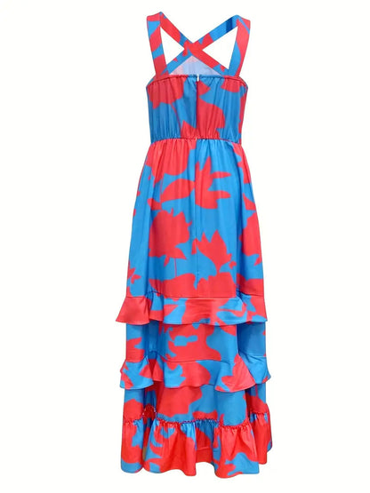 Ruffles Halter Summer Beach Print Maxi Dress