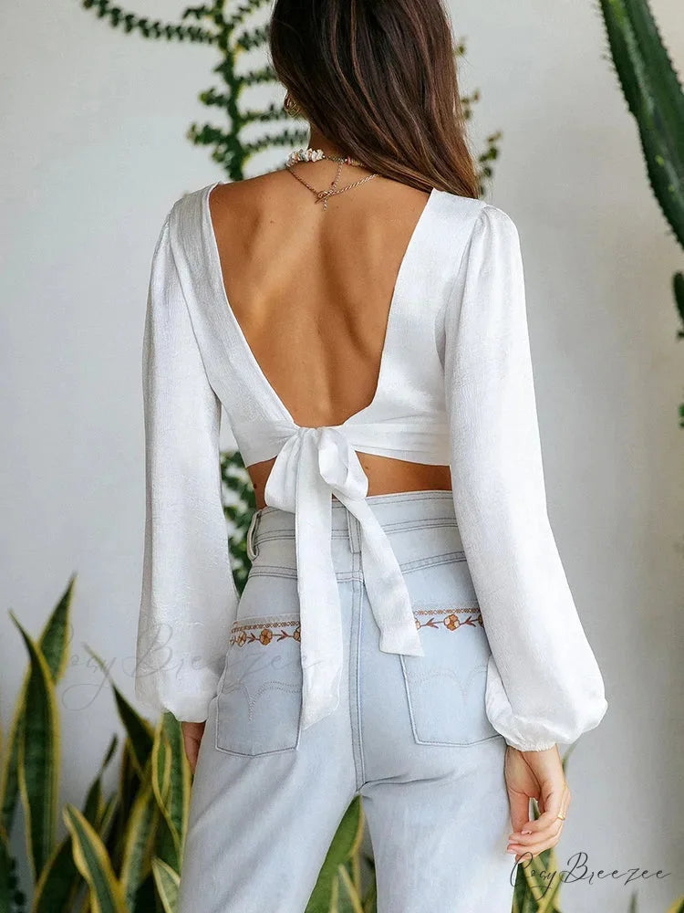 Deep V Cut Out Back Tie Backless Puff Sleeve White Blouse croptop-250126