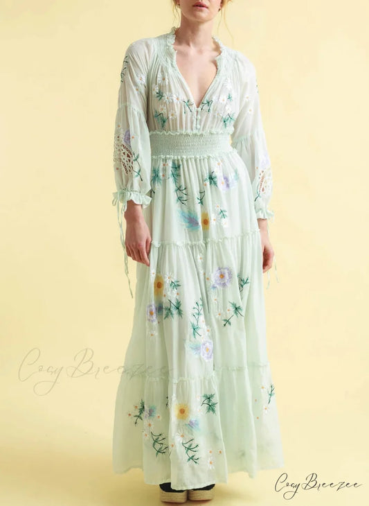 Deep V Long Sleeve Casual Dress Light green / S bohodress-250126