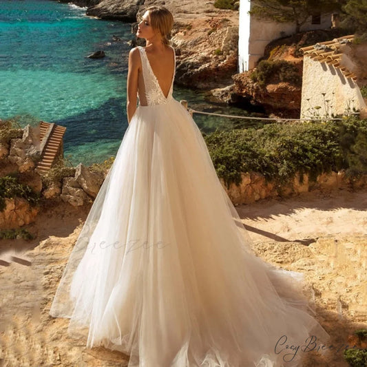 Deep V-Neck Backless Sheer Wedding Dress weddingdress-250223