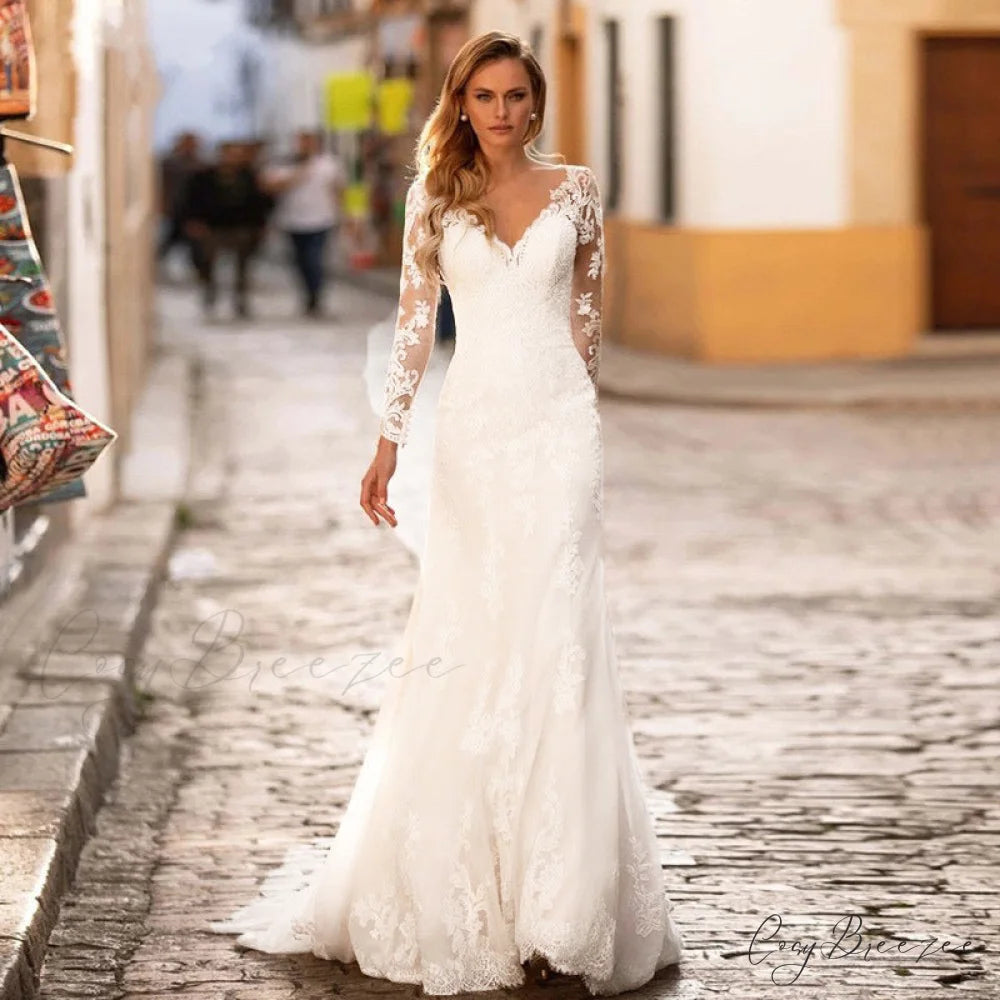 Deep V-Neck Backless Sheer Wedding Dress White / 2 weddingdress-250223