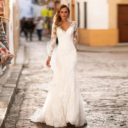 Deep V-Neck Backless Sheer Wedding Dress White / 2 weddingdress-250223