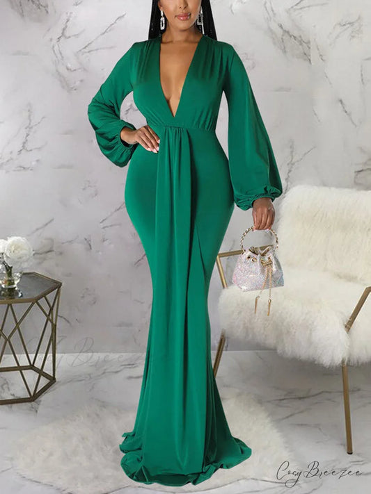 Deep V Neck Cut Out Long Sophisticated Sleeve Ruched Mini Dress - Red Green / 2XL