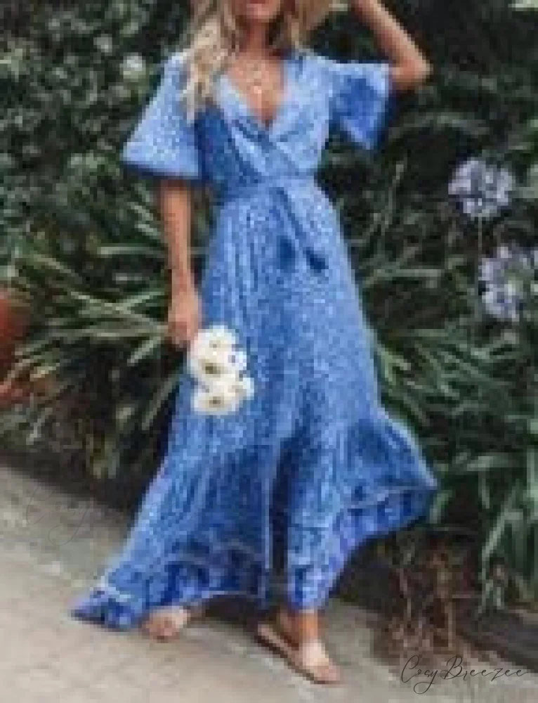 Deep V-neck Floral Boho Summer Dress Blue / S bohodress-250126