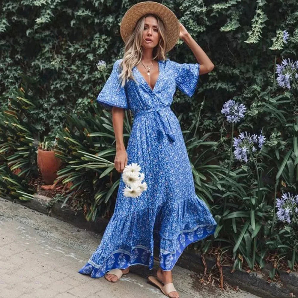 Deep V-neck Floral Boho Summer Dress bohodress-250126