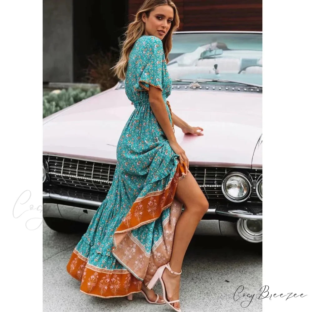Deep V-neck Floral Boho Summer Dress bohodress-250126