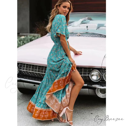 Deep V-neck Floral Boho Summer Dress bohodress-250126
