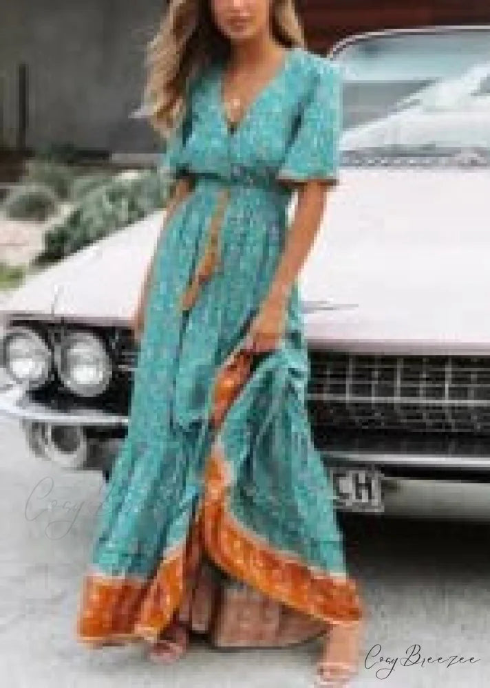 Deep V-neck Floral Boho Summer Dress Turquoise / S bohodress-250126