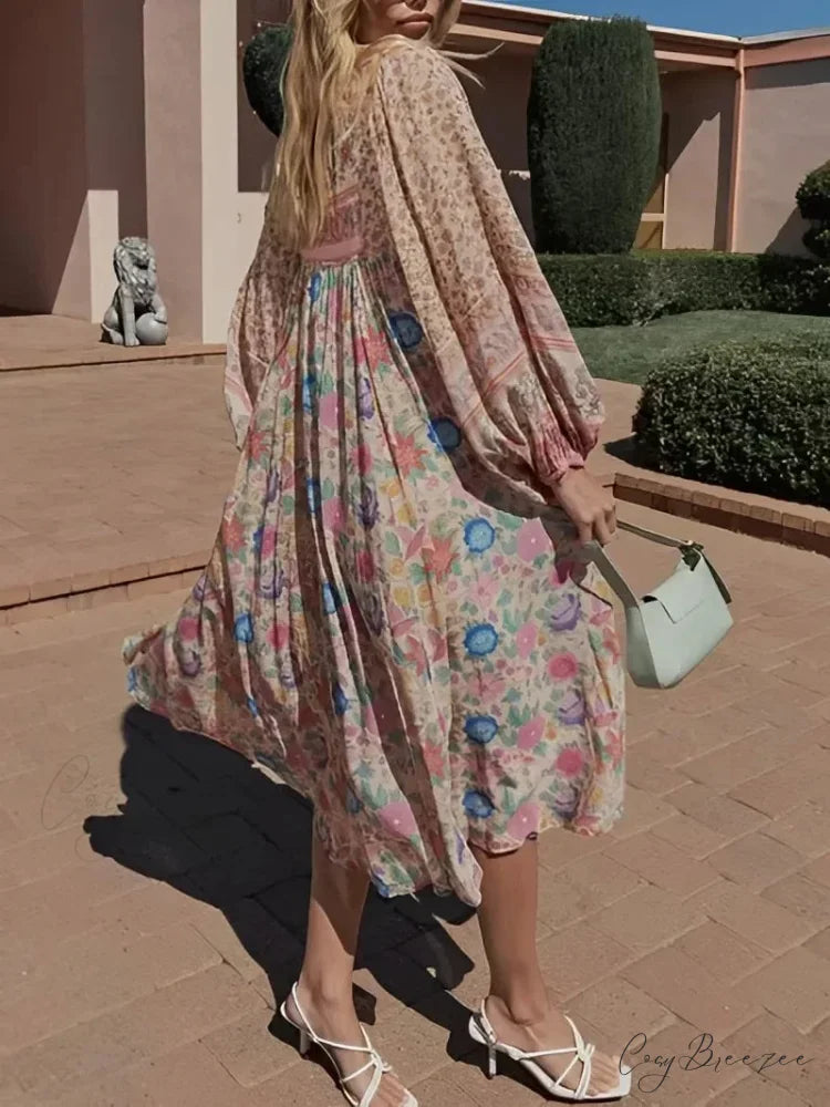 Deep V-neck Floral Button Pleated Maxi Boho Dress bohodress-250126