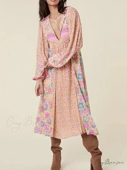 Deep V-neck Floral Button Pleated Maxi Boho Dress Pink / S bohodress-250126