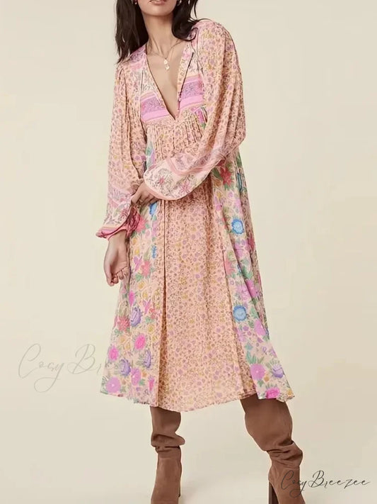 Deep V-neck Floral Button Pleated Maxi Boho Dress Pink / S bohodress-250126