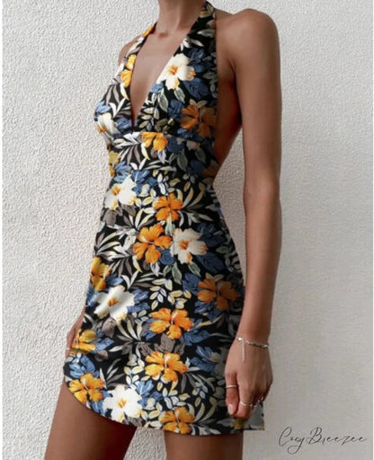 Deep V-Neck Floral Mini Dress Blue / S minidress-250223