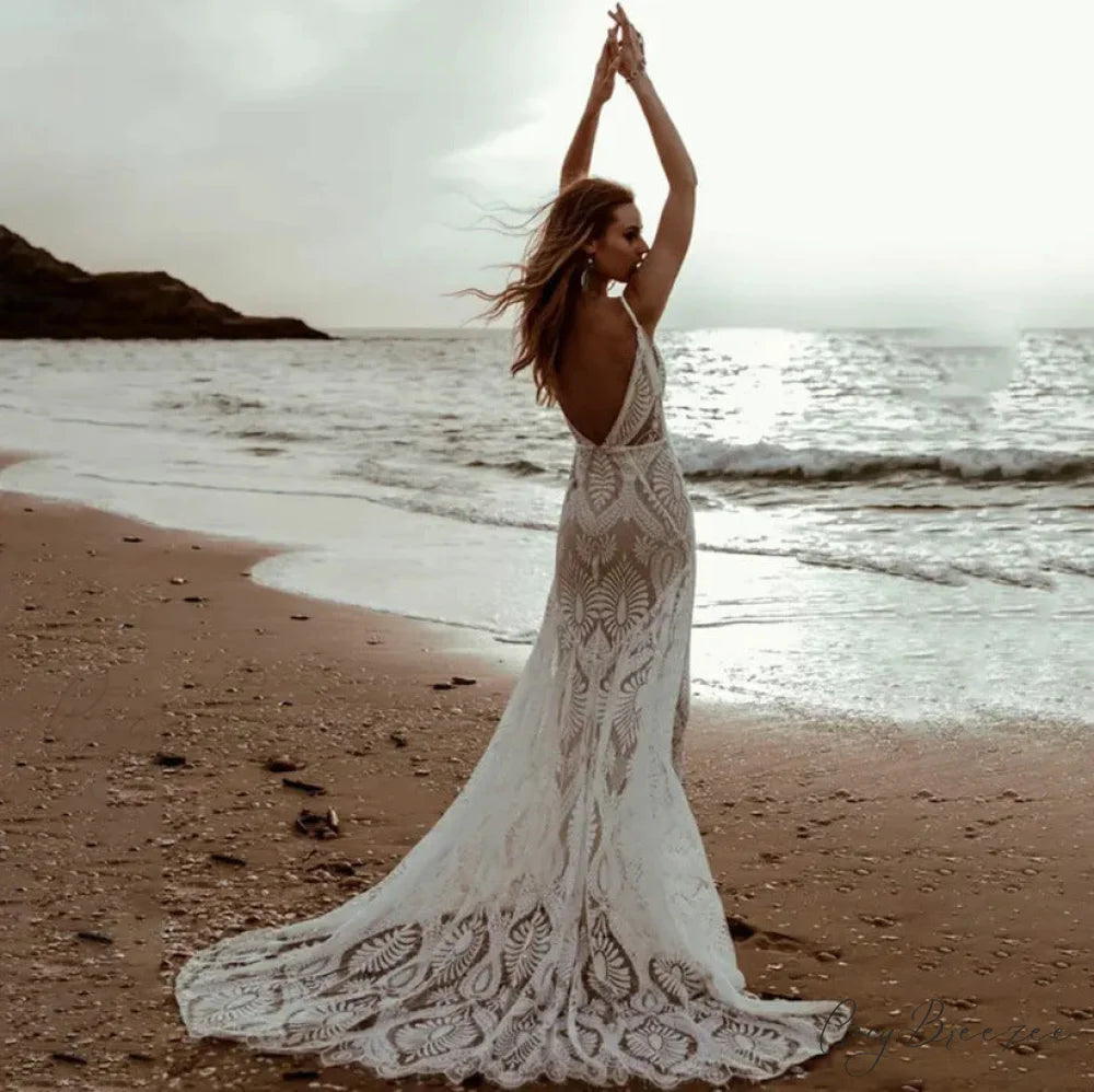 Deep V-Neck Lace Mermaid Wedding Dress weddingdress-250223