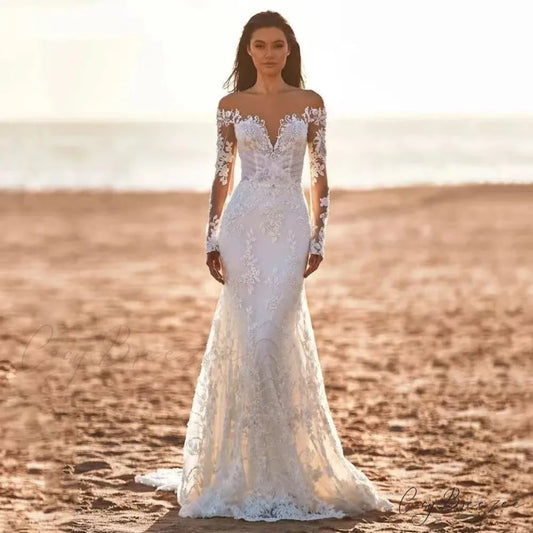 Deep V-Neck Lace Mermaid Wedding Dress white / 2 weddingdress-250223