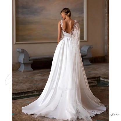Deep V-Neck Lengthy Train Marriage Dress weddingdress-250223