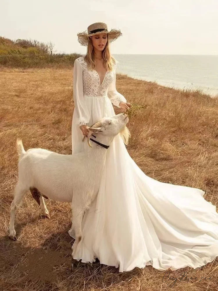 Deep V-Neck Long Sleeve Bridal Wedding Dress lvory white / 2 weddingdress-250223