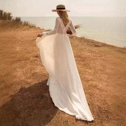 Deep V-Neck Long Sleeve Bridal Wedding Dress weddingdress-250223