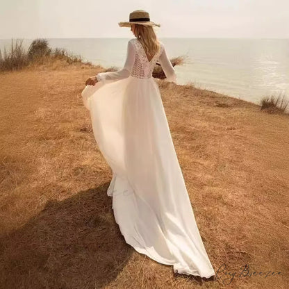 Deep V-Neck Long Sleeve Bridal Wedding Dress weddingdress-250223