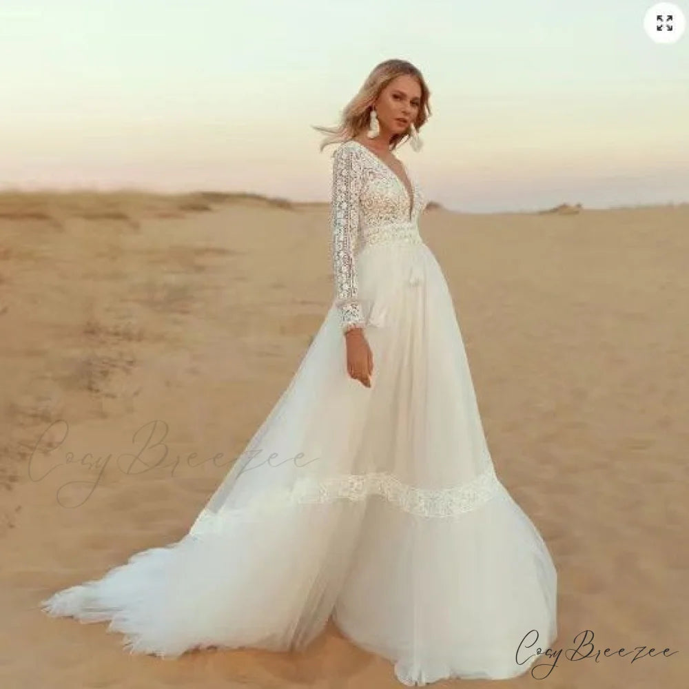 Deep V-Neck Long Sleeve Lace Wedding Dress weddingdress-250223