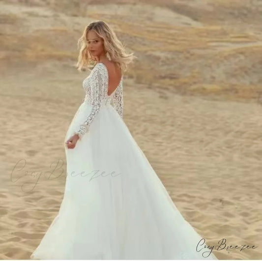 Deep V-Neck Long Sleeve Lace Wedding Dress White / 2 weddingdress-250223