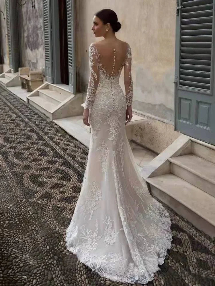 Deep V-Neck Long Sleeve Wedding Dress weddingdress-250223