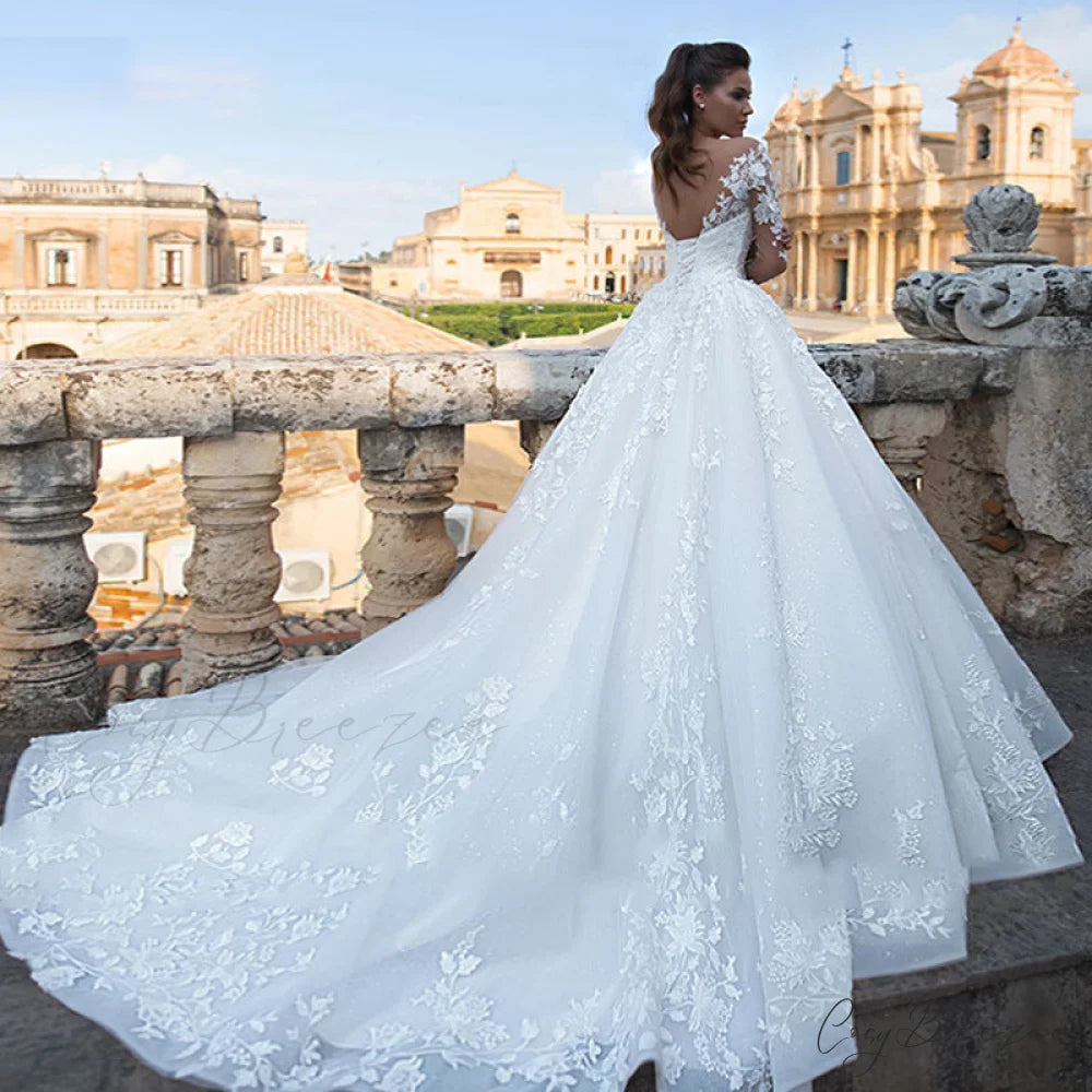Deep V-Neck Long Tail Wedding Dress white1 / 2 weddingdress-250223
