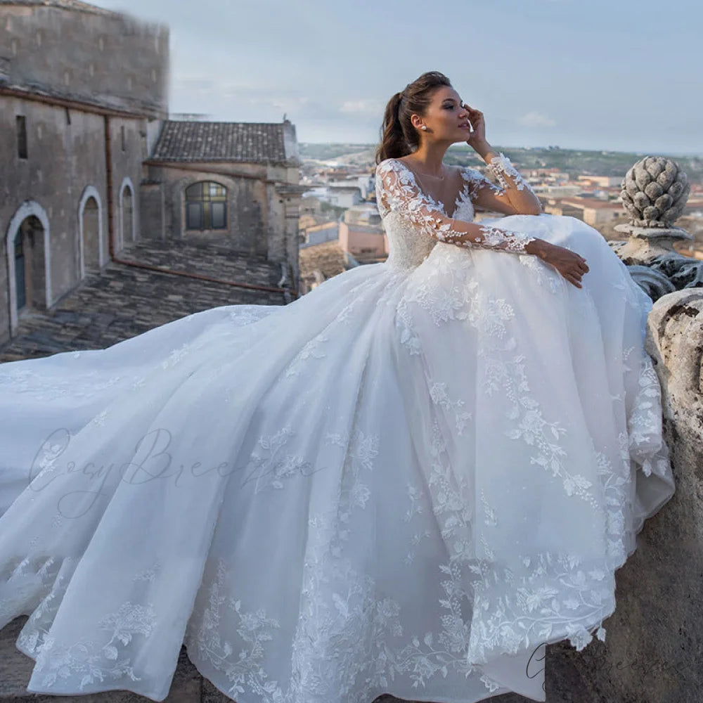 Deep V-Neck Long Tail Wedding Dress white2 / 2 weddingdress-250223