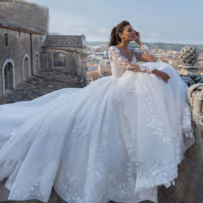 Deep V-Neck Long Tail Wedding Dress white2 / 2 weddingdress-250223