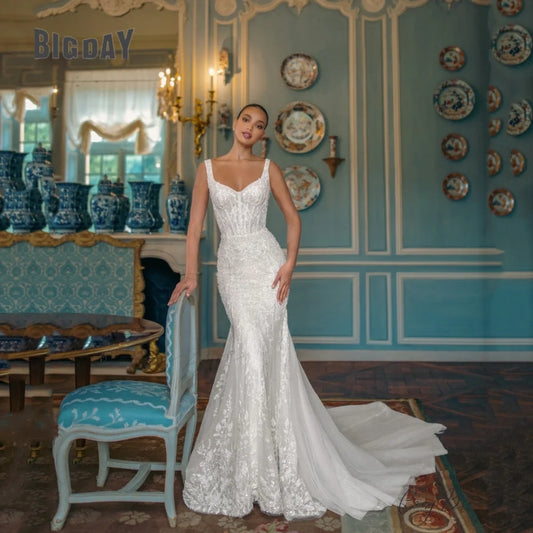 Deep V-Neck Long Train Evening Wedding Dress lvory white / 2 weddingdress-250223